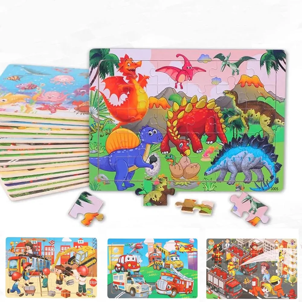 30 Pieces Wooden Toy Jigsaw Puzzle Wood Cartoon Animal Vehicle Kid Early Learning Baby Educational Toys for Children Puzzles