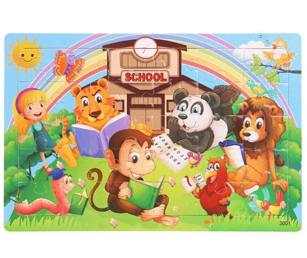30 Pieces Wooden Toy Jigsaw Puzzle Wood Cartoon Animal Vehicle Kid Early Learning Baby Educational Toys for Children Puzzles