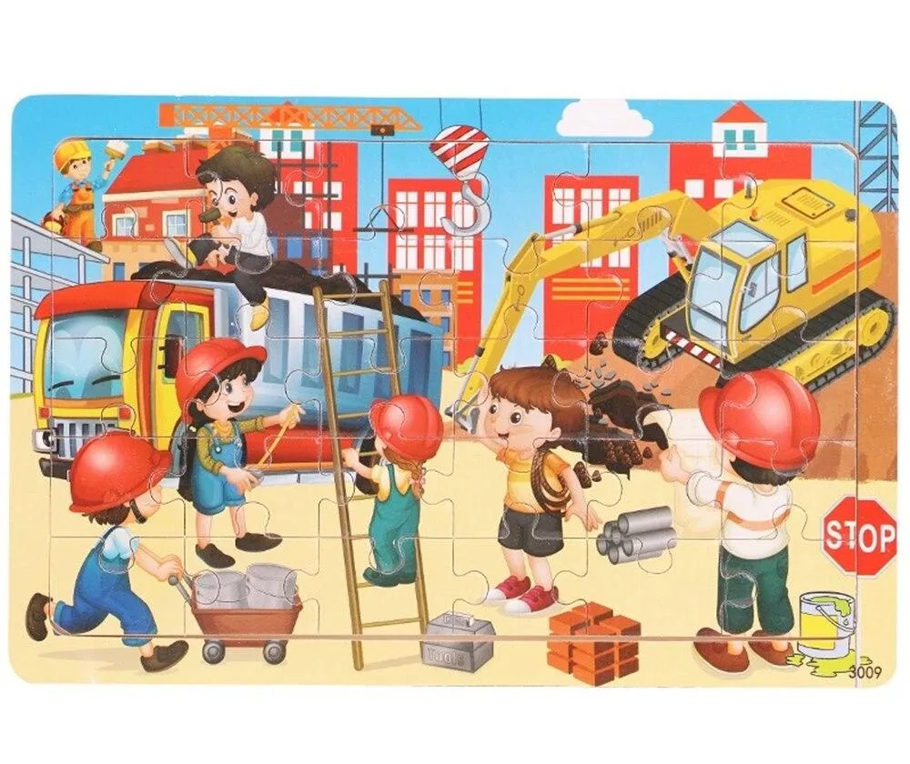 30 Pieces Wooden Toy Jigsaw Puzzle Wood Cartoon Animal Vehicle Kid Early Learning Baby Educational Toys for Children Puzzles