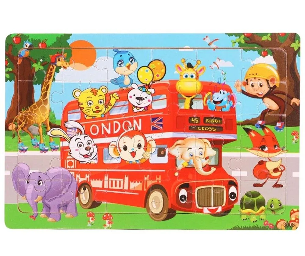 30 Pieces Wooden Toy Jigsaw Puzzle Wood Cartoon Animal Vehicle Kid Early Learning Baby Educational Toys for Children Puzzles
