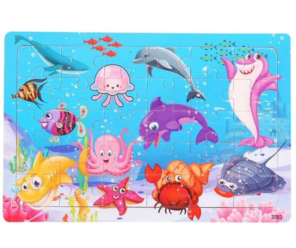 30 Pieces Wooden Toy Jigsaw Puzzle Wood Cartoon Animal Vehicle Kid Early Learning Baby Educational Toys for Children Puzzles