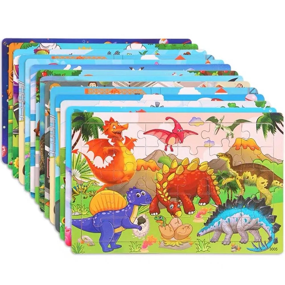 30 Pieces Wooden Toy Jigsaw Puzzle Wood Cartoon Animal Vehicle Kid Early Learning Baby Educational Toys for Children Puzzles
