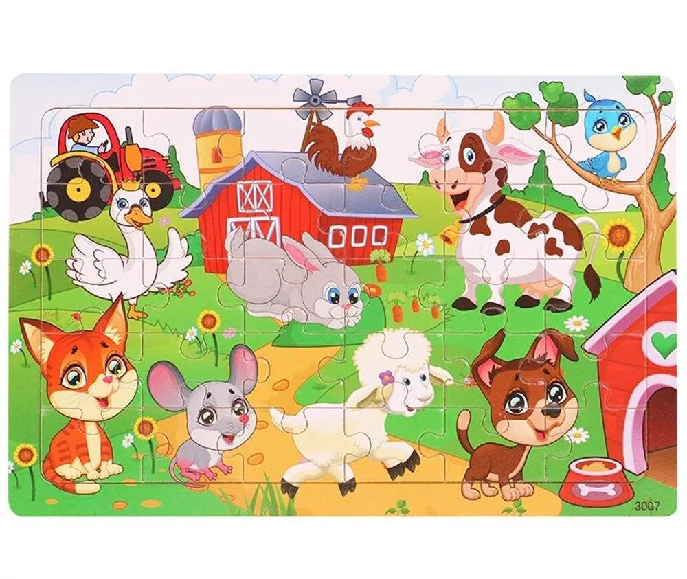 30 Pieces Wooden Toy Jigsaw Puzzle Wood Cartoon Animal Vehicle Kid Early Learning Baby Educational Toys for Children Puzzles