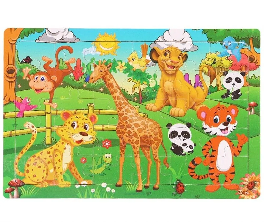 30 Pieces Wooden Toy Jigsaw Puzzle Wood Cartoon Animal Vehicle Kid Early Learning Baby Educational Toys for Children Puzzles