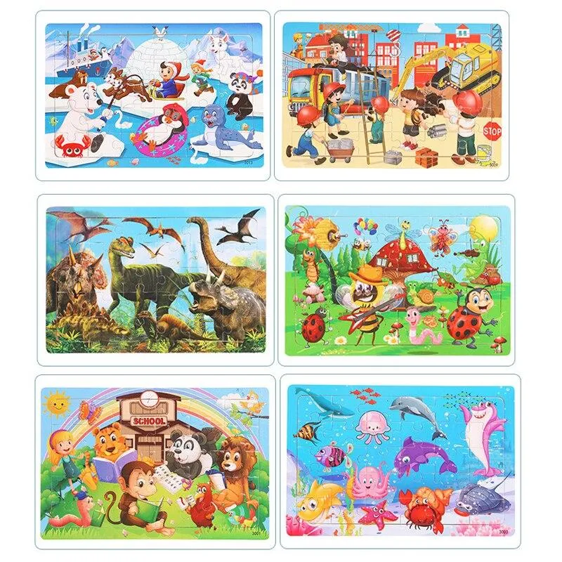 30pcs Jigsaw Puzzle Kids Wooden Toys Cartoon Animal Wood Puzzle Board Early Learning Baby Educational Toys for Children