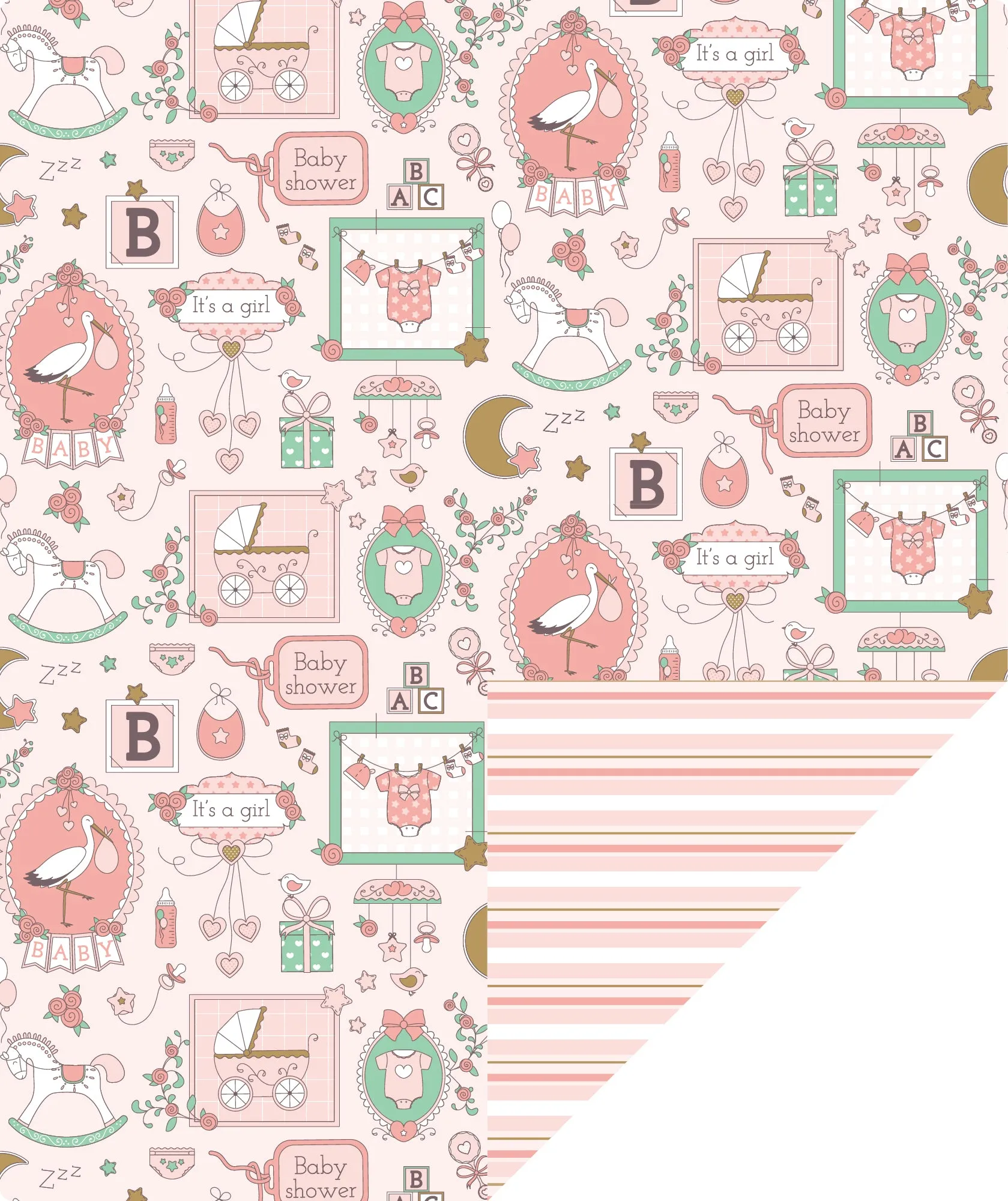 Baby Shower Girl Pink Wrapping Paper with Cross Stripe on Reverse