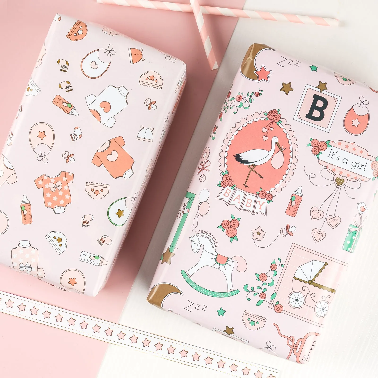 Baby Shower Girl Pink Wrapping Paper with Cross Stripe on Reverse