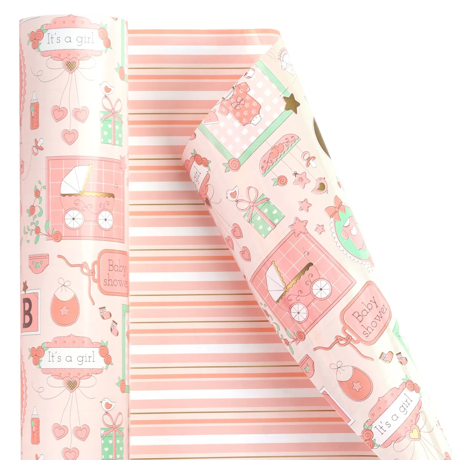 Baby Shower Girl Pink Wrapping Paper with Cross Stripe on Reverse
