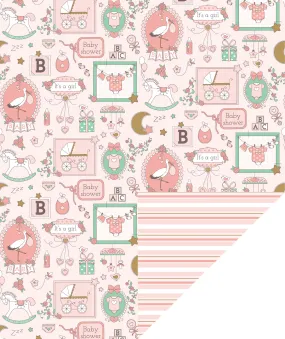 Baby Shower Girl Pink Wrapping Paper with Cross Stripe on Reverse