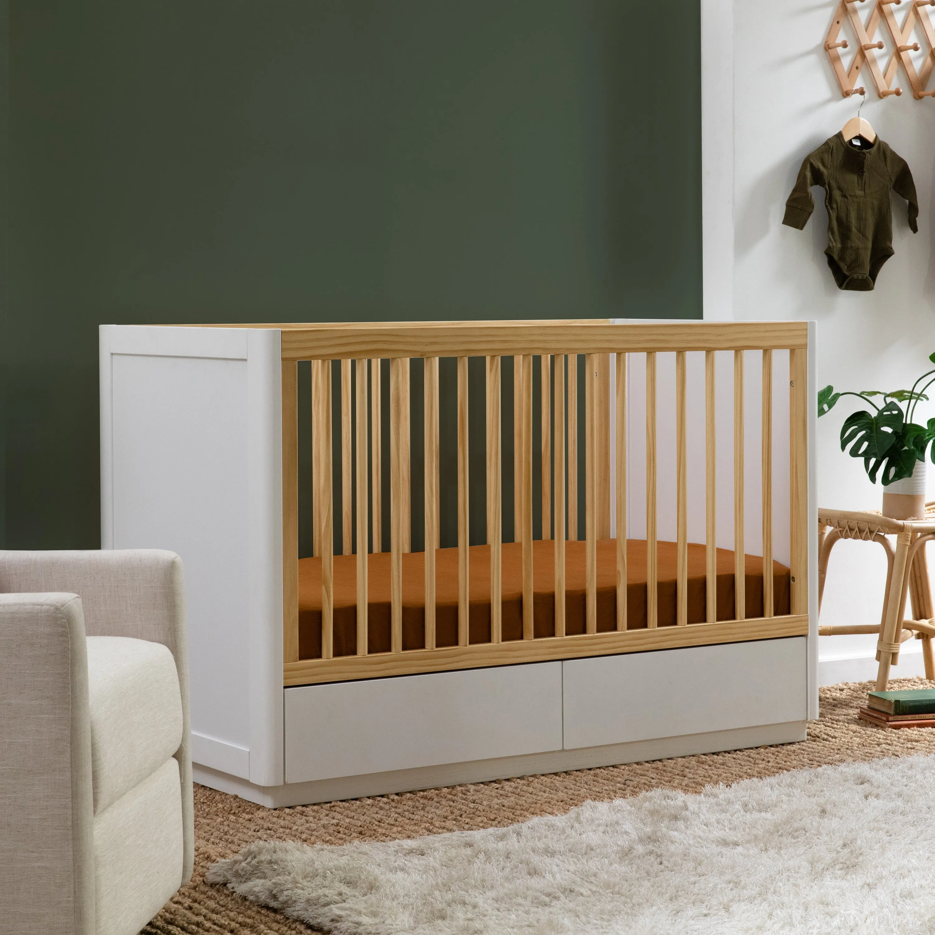 Bento 3-in-1 Convertible Storage Crib with Toddler Bed Conversion Kit - White/Natural