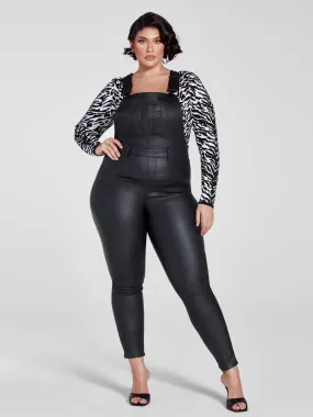 Black Coated Denim Cargo Overalls