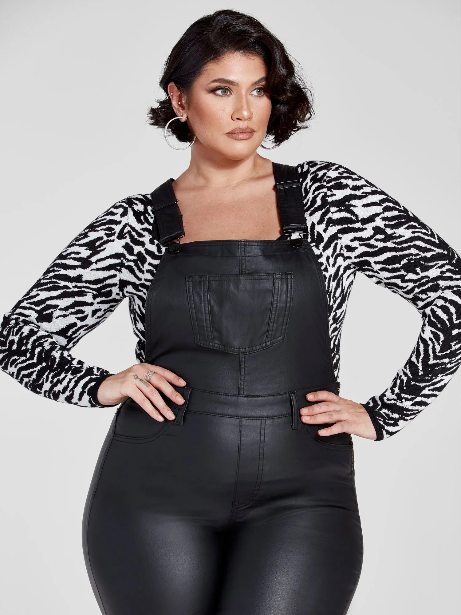 Black Coated Denim Cargo Overalls