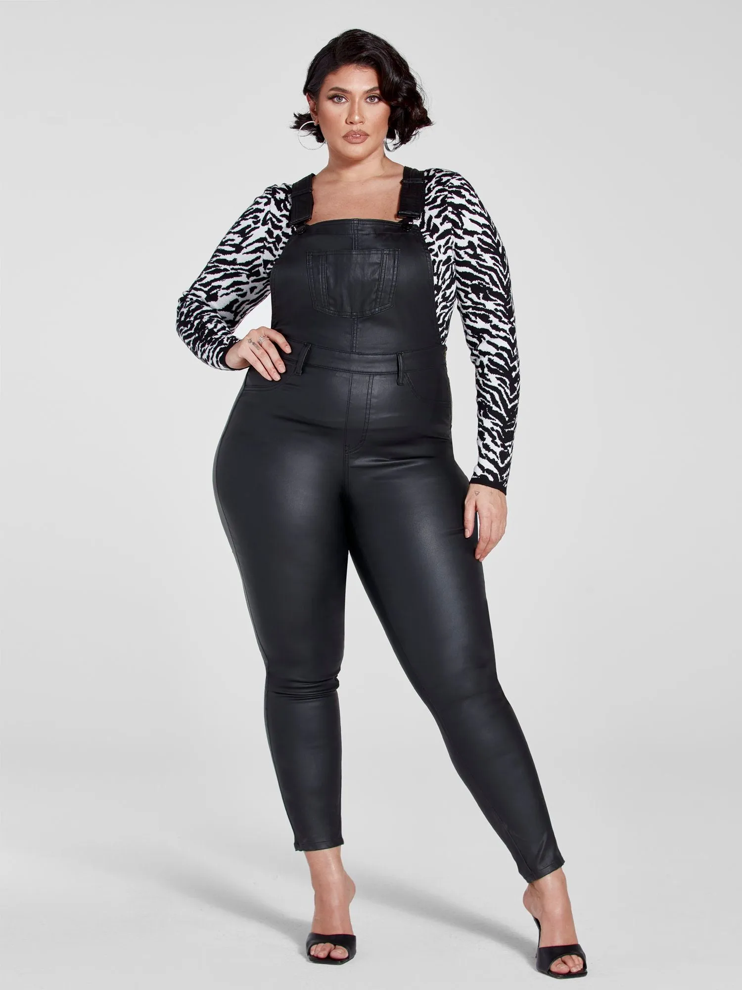Black Coated Denim Cargo Overalls