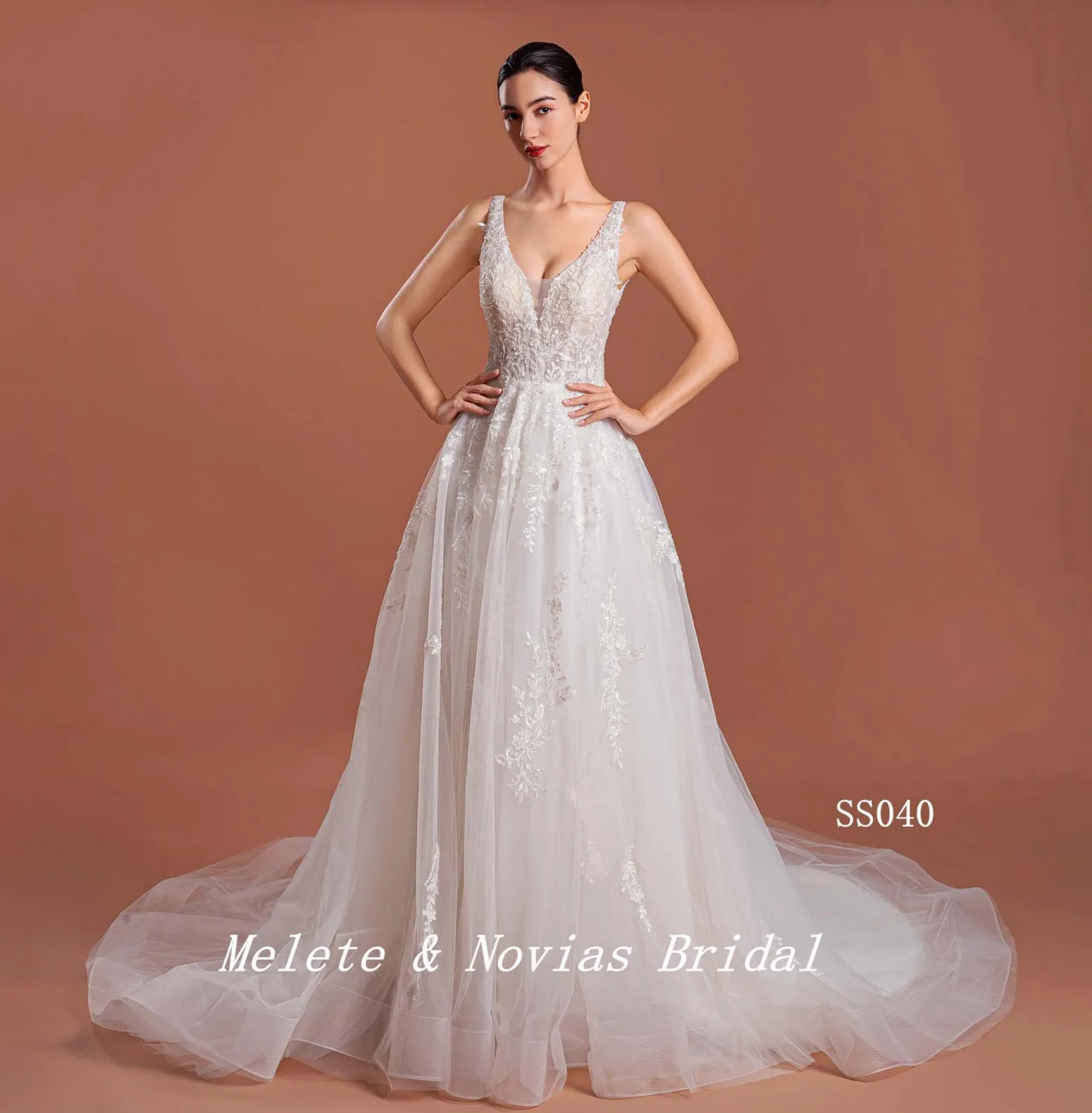 Classic A Line Tulle Lace V Neck Bridal Wedding Dress