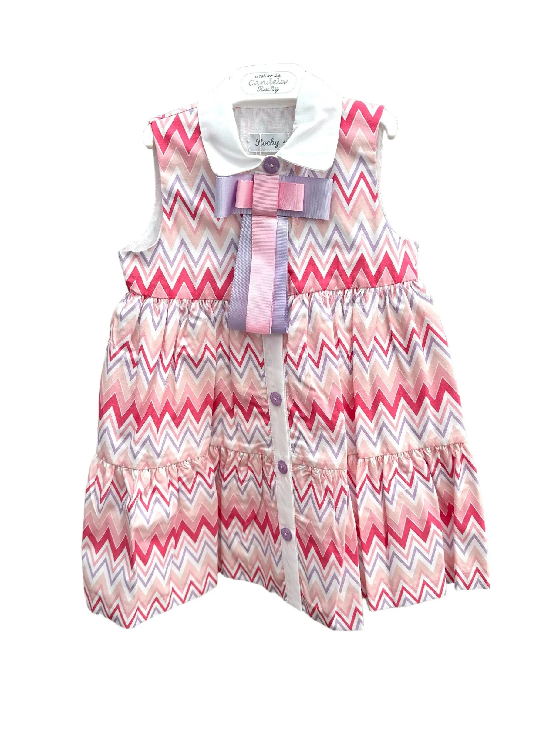 CLEARANCE SALE - Rochy SS24 - Girls Zig Zag White, Lilac and Pink Dress