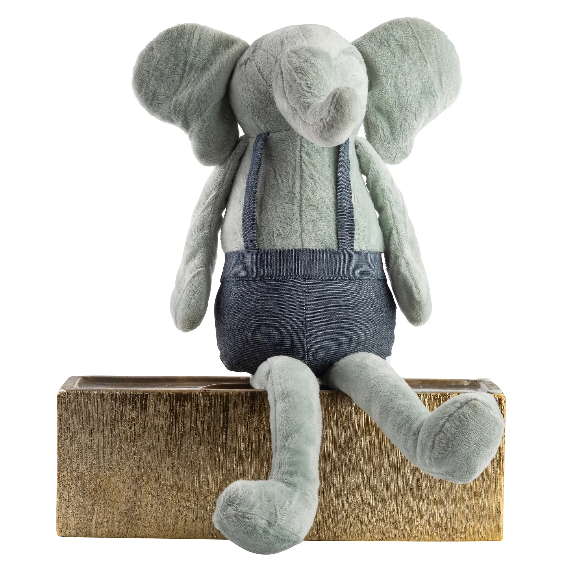 Gray Elephant Huggie Doll, denim overalls