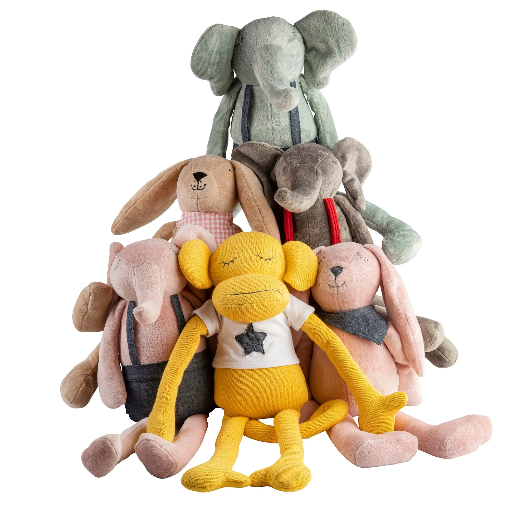 Gray Elephant Huggie Doll, denim overalls
