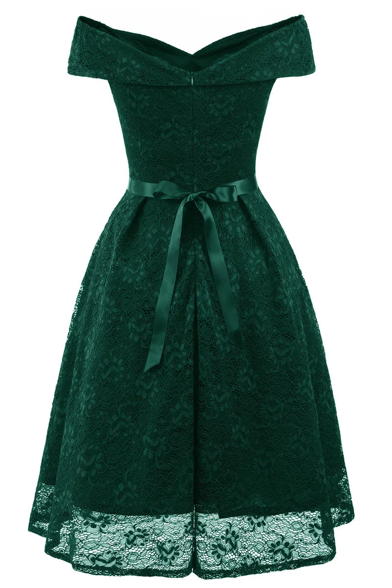 Green Lace Off-the-shoulder Princess Prom Dress