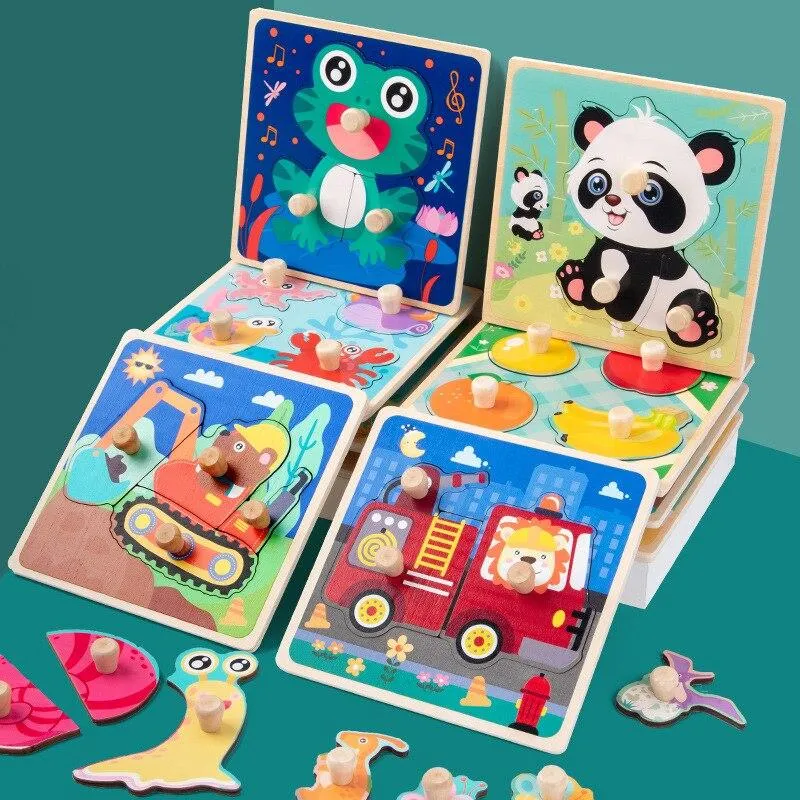 Hand Grab Board Puzzle Wood Toy Cartoon Animal Matching Jigsaw Baby Early Educational Learning Wooden Toys for Children