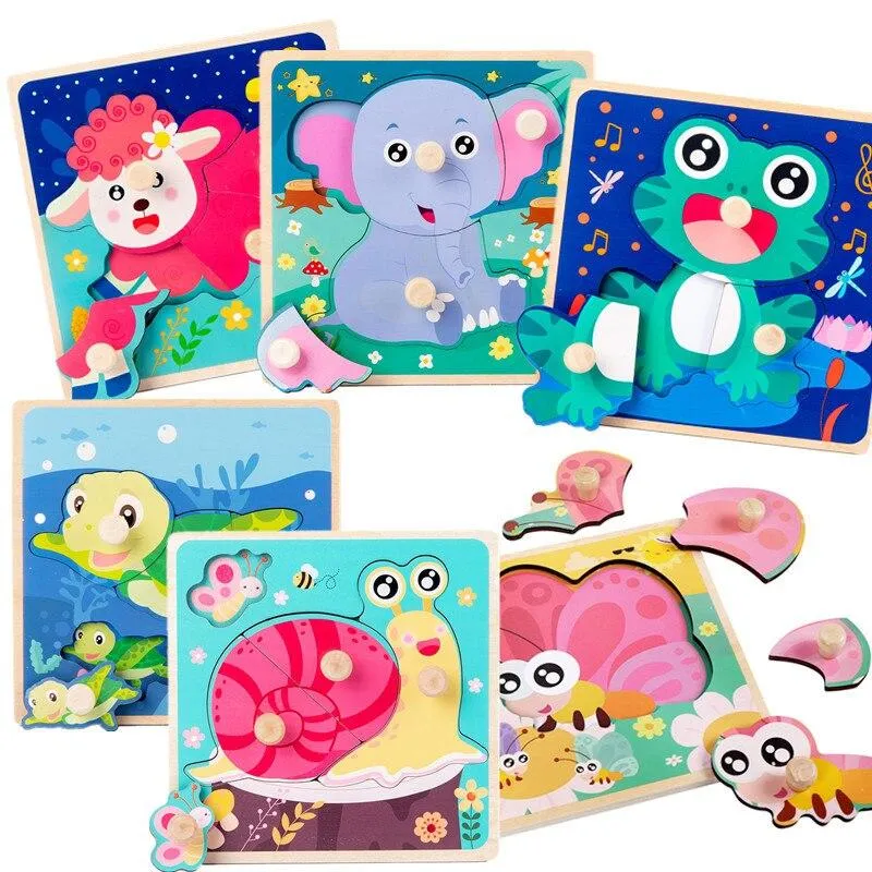 Hand Grab Board Puzzle Wooden Toys for Children Cartoon Animal Fruit Wood Jigsaw Kids Baby Early Educational Learning Toy