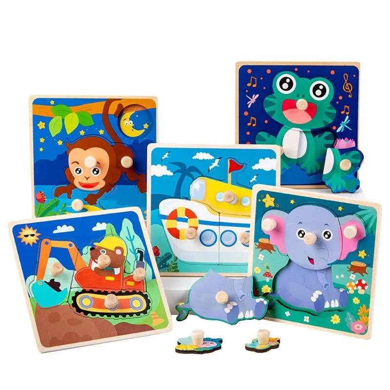 Hand Grab Board Puzzle Wooden Toys for Children Cartoon Animal Fruit Wood Jigsaw Kids Baby Early Educational Learning Toy
