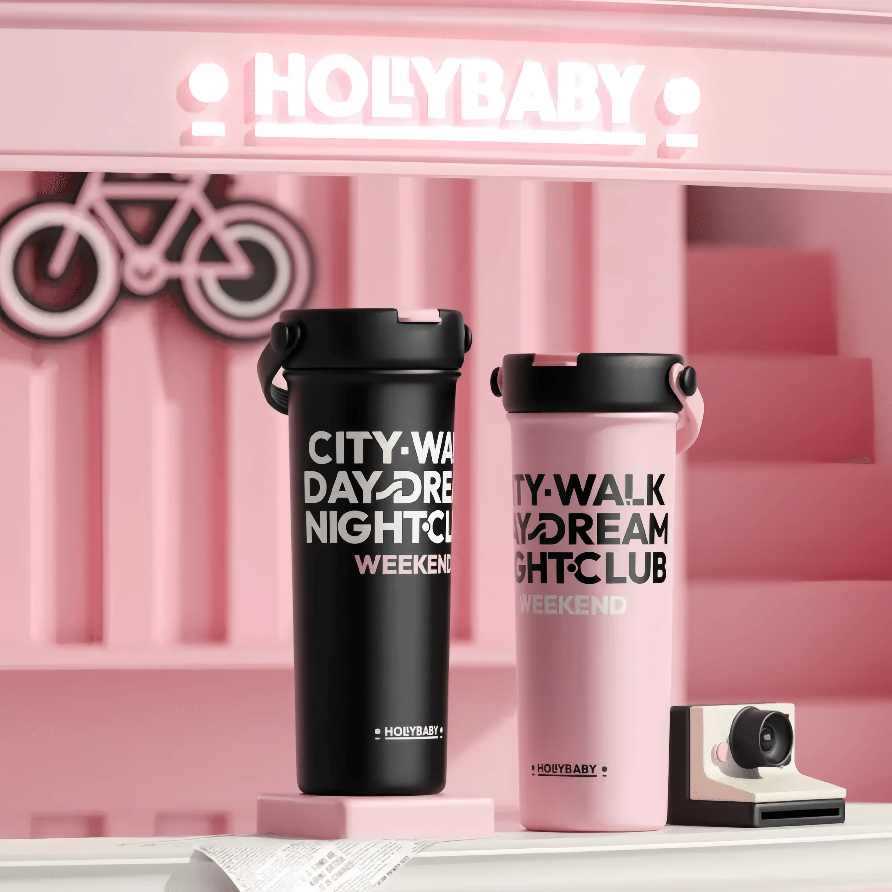 HOLLYBABY City-Walk-Day-Dream Water Straw Bottle Thermos 600ml
