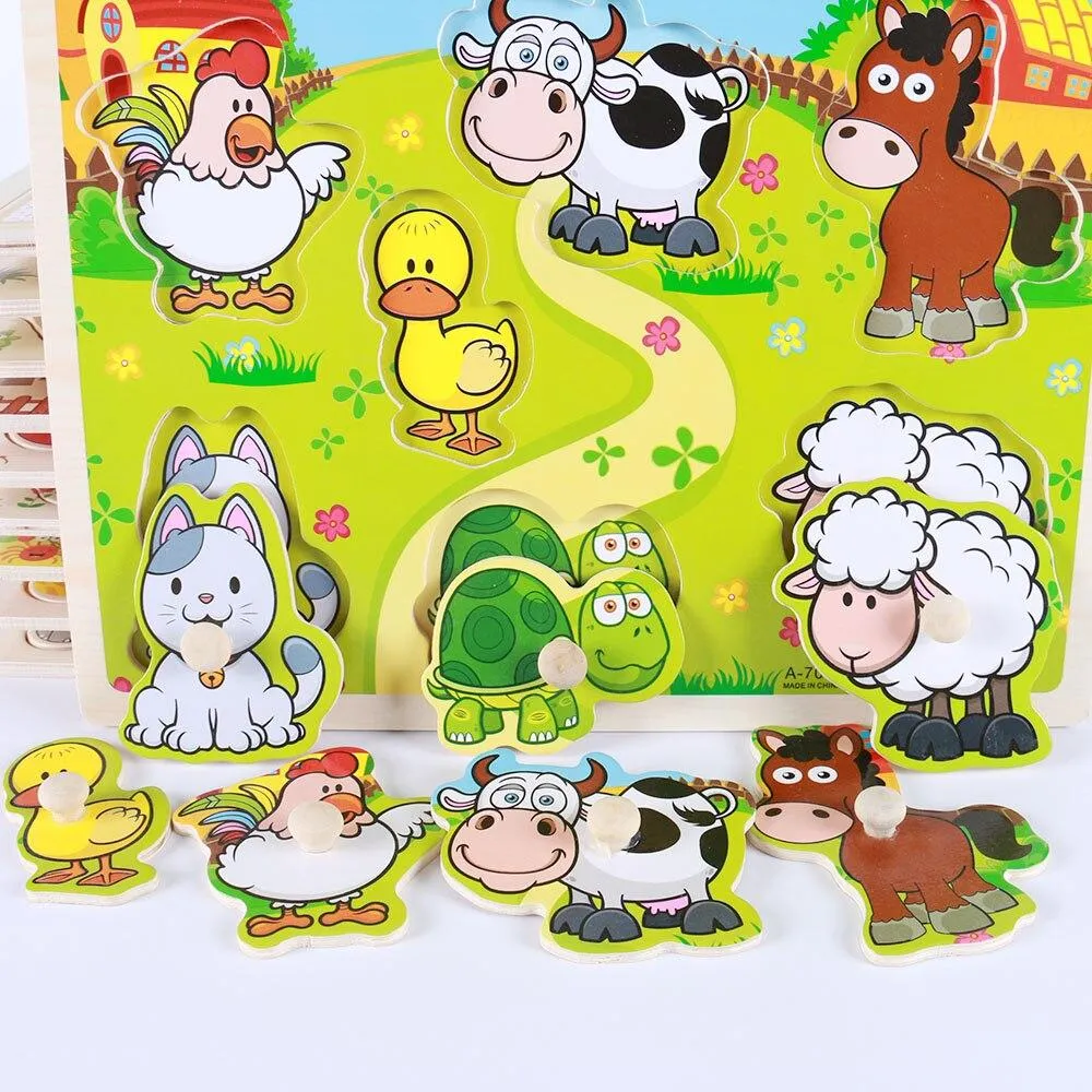 Hot Baby Early Educational Toys Hand Grasp Wooden Jigsaw Puzzle Alphabet Animals Learning Children Wood Toy 3D Puzzles for Kids