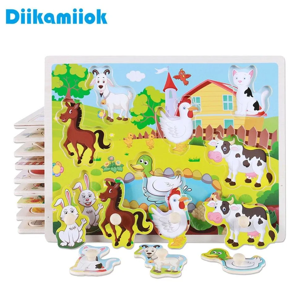 Hot Baby Early Educational Toys Hand Grasp Wooden Jigsaw Puzzle Alphabet Animals Learning Children Wood Toy 3D Puzzles for Kids