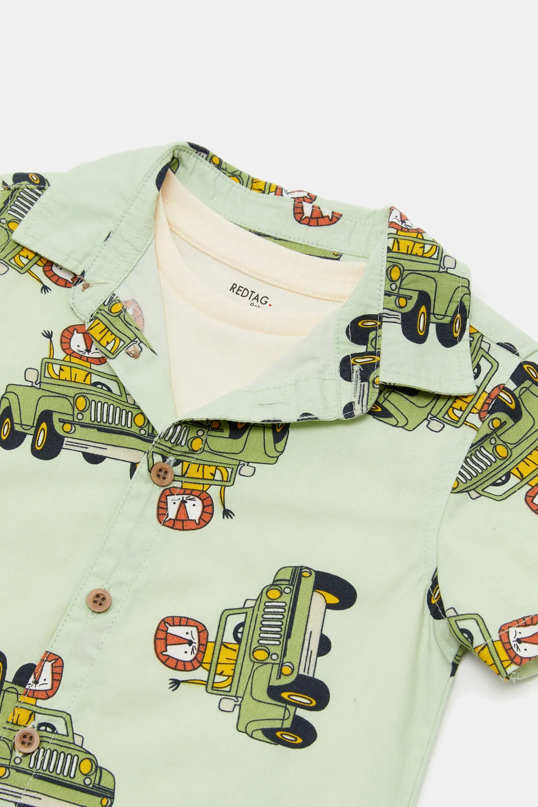 Infant Boys Beige And Mint Jeep Print Shirt Set (2 Piece)
