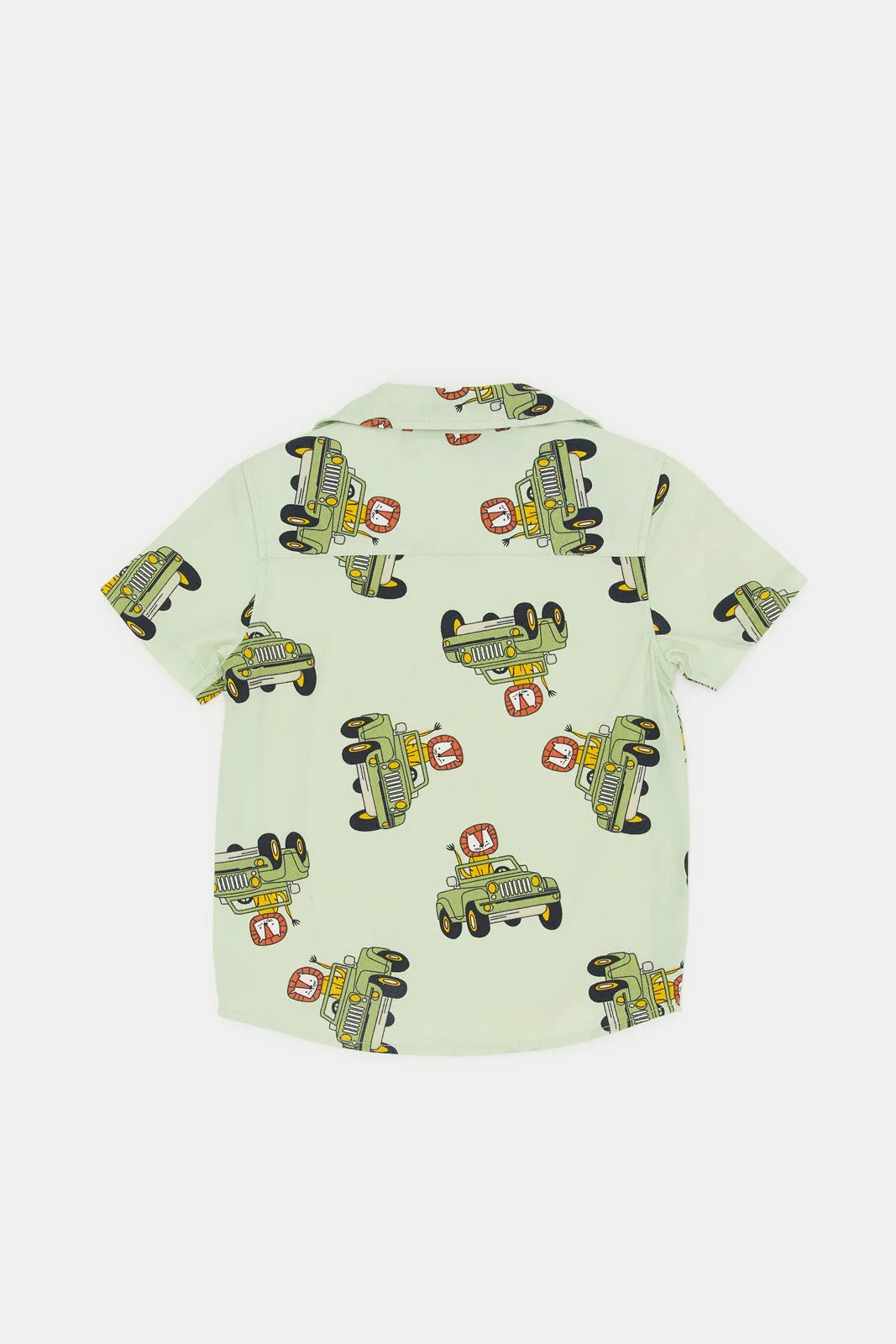 Infant Boys Beige And Mint Jeep Print Shirt Set (2 Piece)