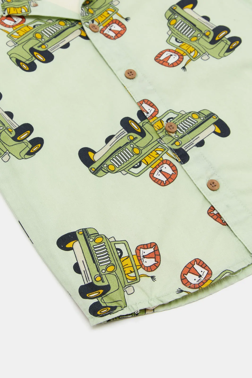 Infant Boys Beige And Mint Jeep Print Shirt Set (2 Piece)