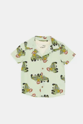 Infant Boys Beige And Mint Jeep Print Shirt Set (2 Piece)