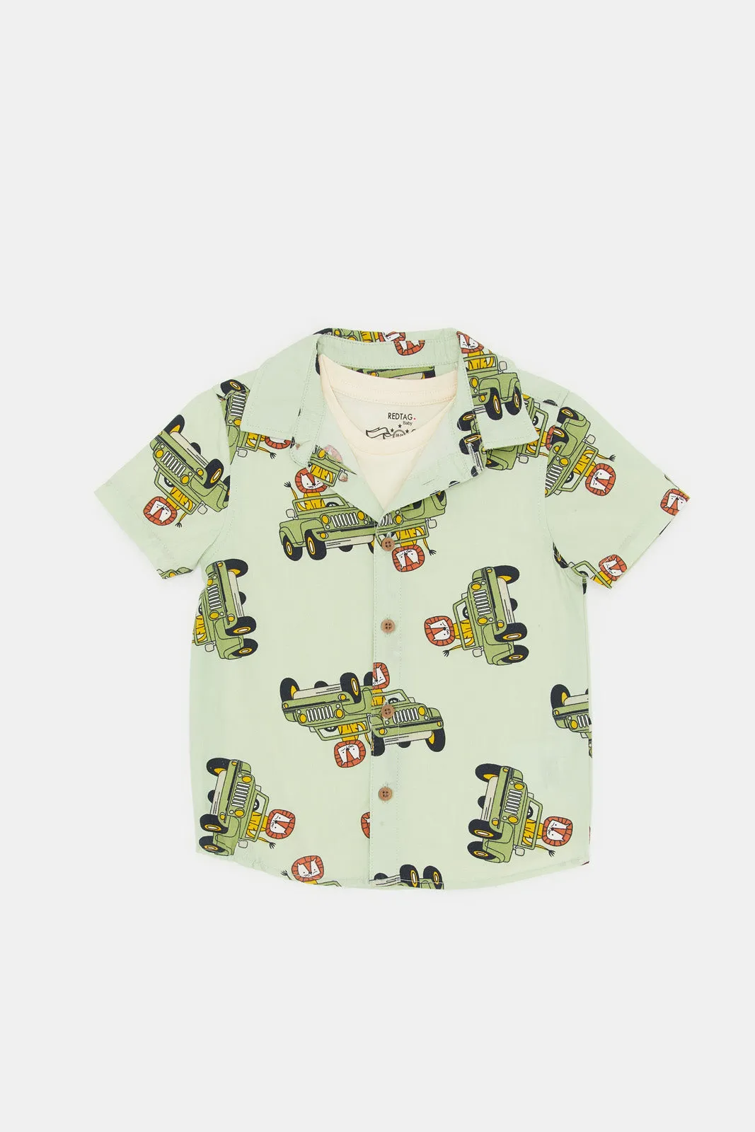 Infant Boys Beige And Mint Jeep Print Shirt Set (2 Piece)