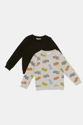 Infant Boys Grey And Black Printed Sweatshirt (Pack Of 2)