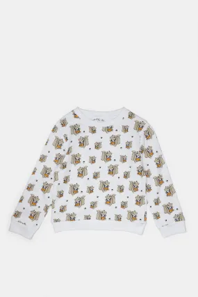 Infant Boys White And Mustard Printed Sweatshirt Set (2 Piece)