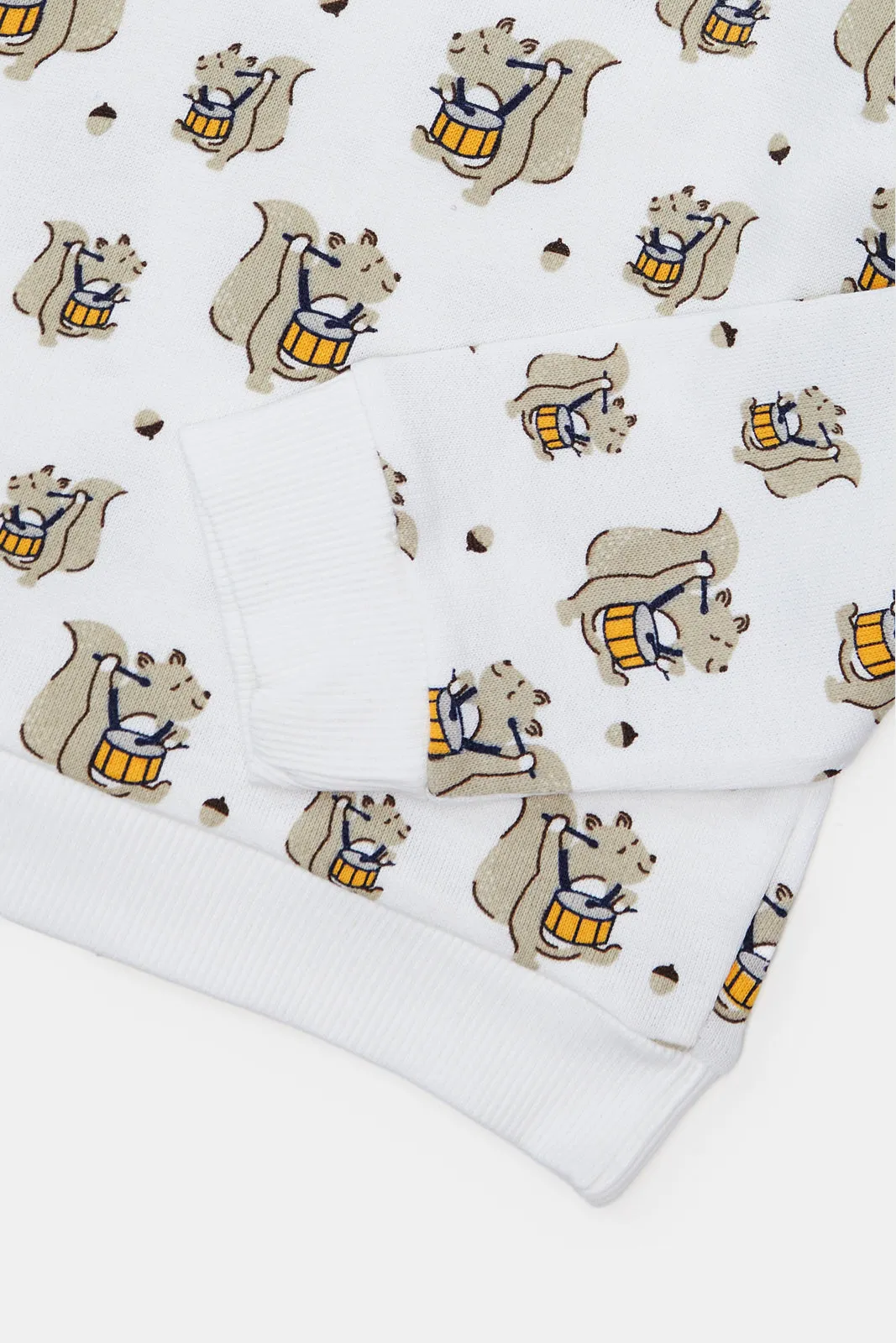 Infant Boys White And Mustard Printed Sweatshirt Set (2 Piece)