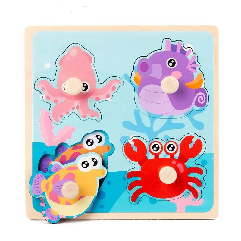 Kids Hand Grab Board 3D Puzzle Wooden Toys for Children Cartoon Animal Wood Jigsaw Toddler Baby Early Educational Learning Toy