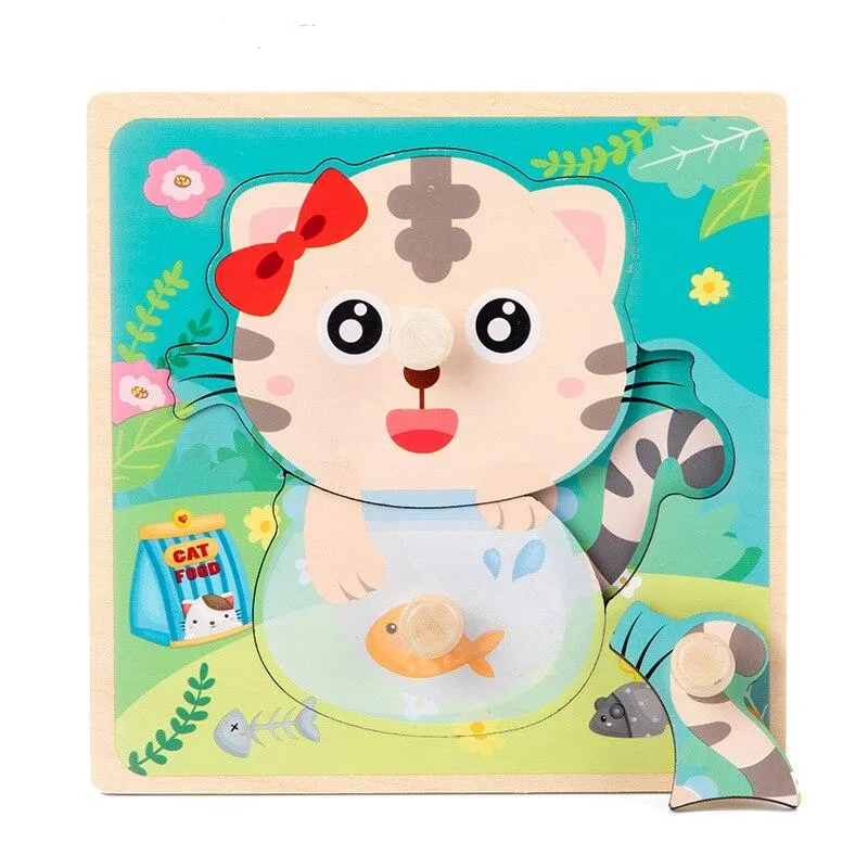 Kids Hand Grab Board 3D Puzzle Wooden Toys for Children Cartoon Animal Wood Jigsaw Toddler Baby Early Educational Learning Toy