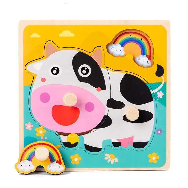 Kids Hand Grab Board 3D Puzzle Wooden Toys for Children Cartoon Animal Wood Jigsaw Toddler Baby Early Educational Learning Toy
