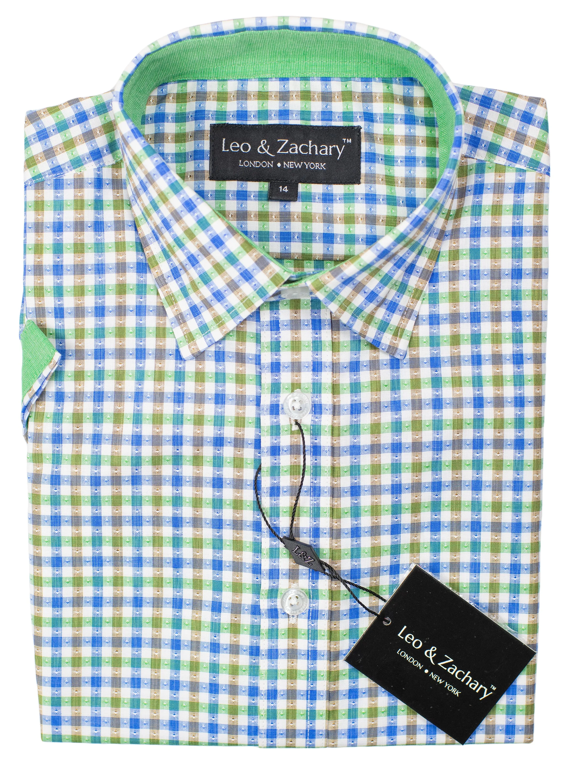 Leo & Zachary 30570 Boy's Short Sleeve Sport Shirt-Grass/Blue