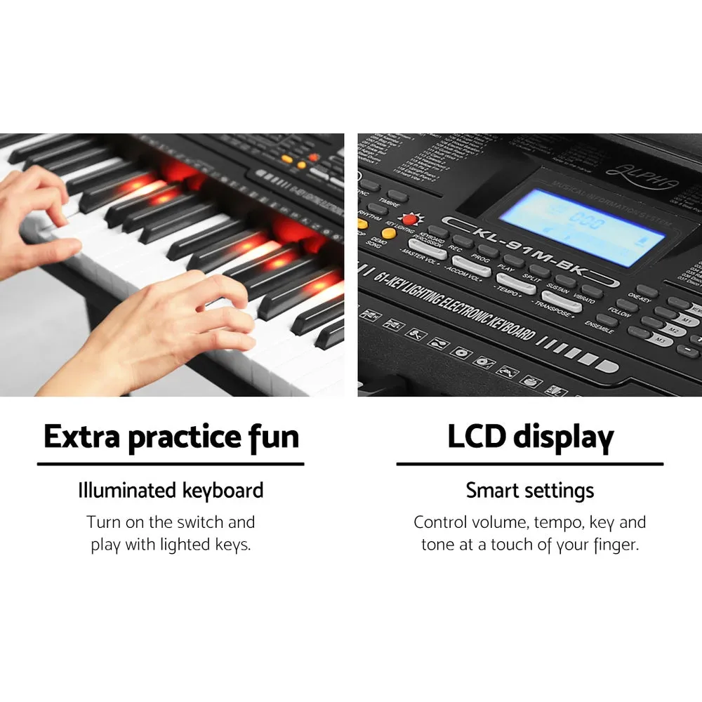 Lighted 61-Key Electronic Piano Keyboard w/ Stand & LCD - Alpha