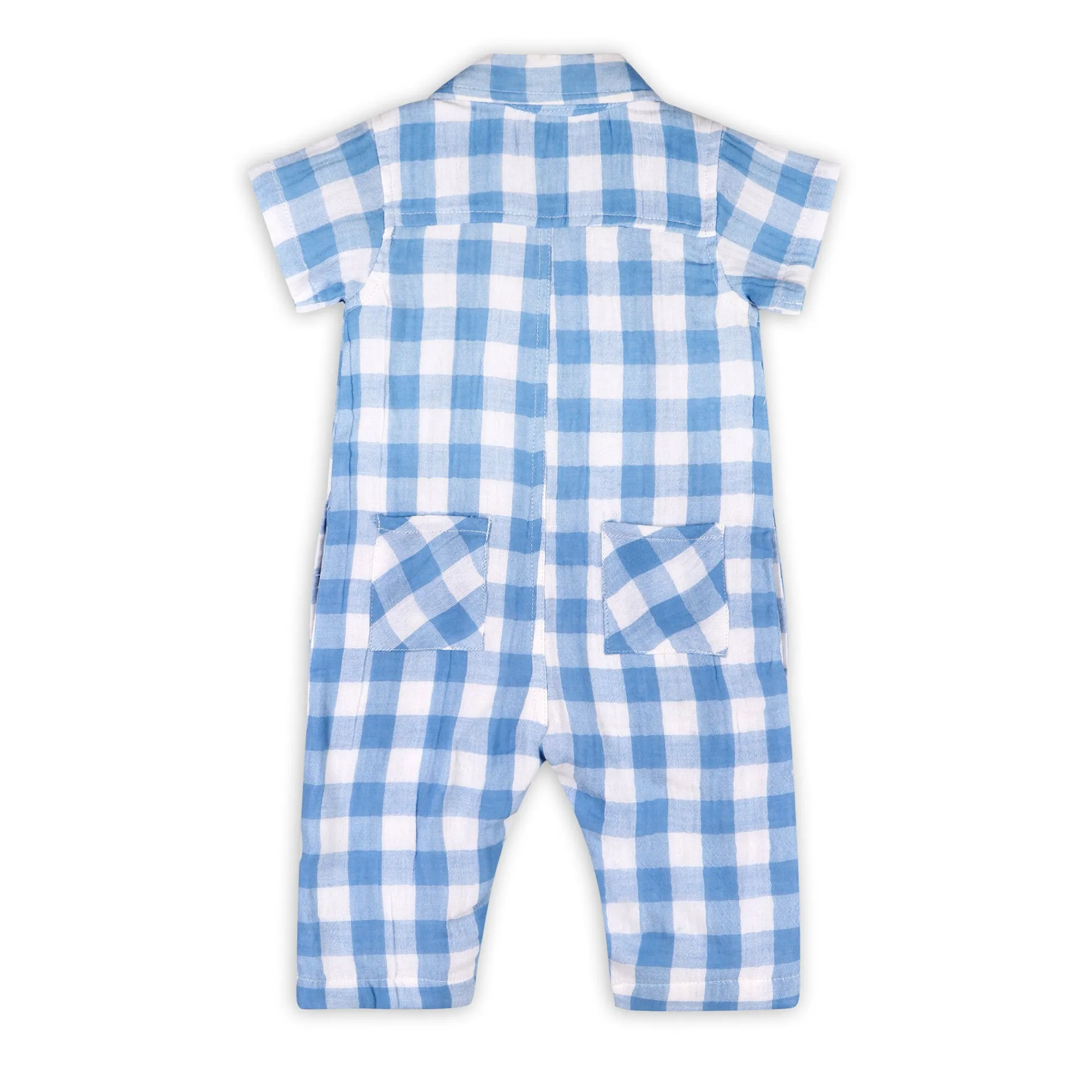Organic Cotton August Blue Gingham Boys Cargo Romper