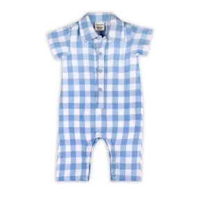 Organic Cotton August Blue Gingham Boys Cargo Romper