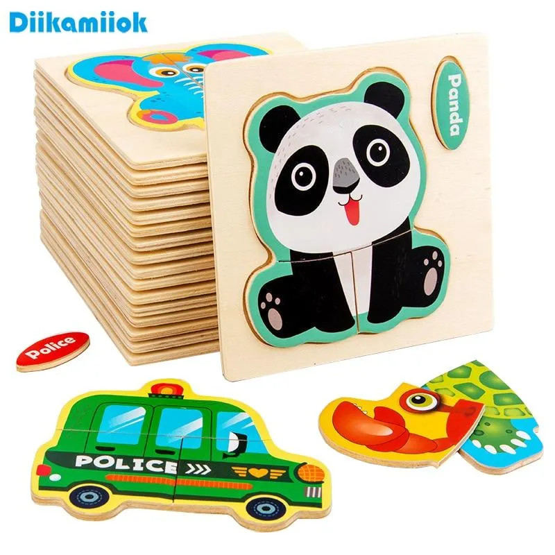 Small 3D Cartoon Animal Traffic Car Jigsaw Puzzle Baby Early Learning Education Toy Children Wooden Educational Toys for Kids