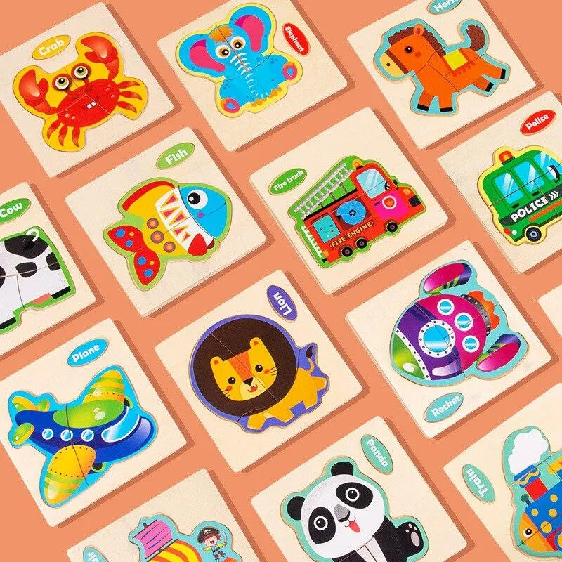 Small 3D Cartoon Animal Traffic Car Jigsaw Puzzle Baby Early Learning Education Toy Children Wooden Educational Toys for Kids