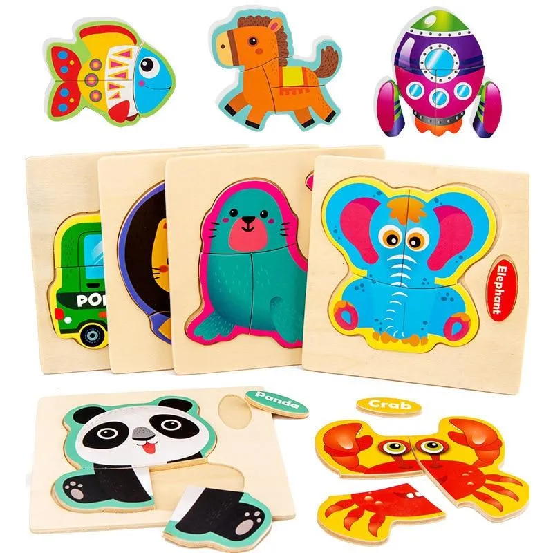 Small 3D Cartoon Animal Traffic Car Jigsaw Puzzle Baby Early Learning Education Toy Children Wooden Educational Toys for Kids