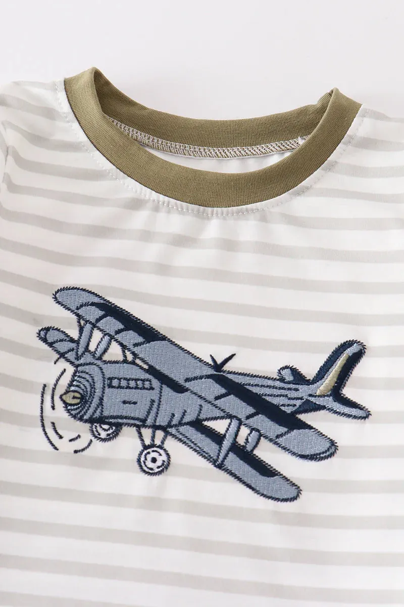 Striped Airplane Embroidered Pant Set