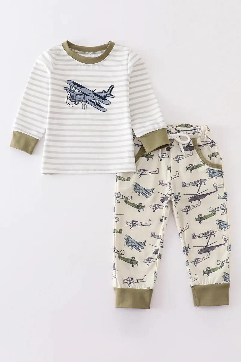 Striped Airplane Embroidered Pant Set