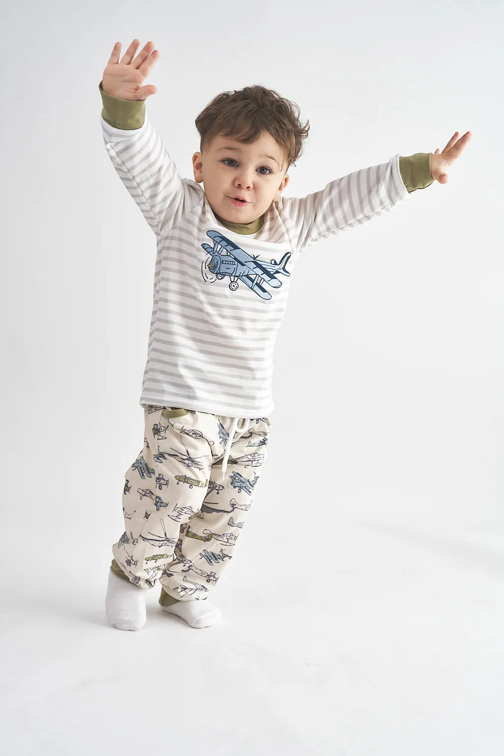 Striped Airplane Embroidered Pant Set