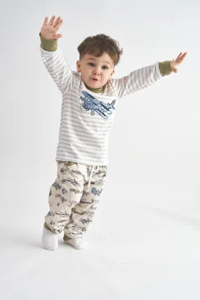 Striped Airplane Embroidered Pant Set